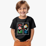 black cotton kids t-shirt for boys with colorful game controller graphic with model