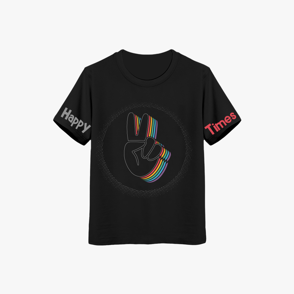 black cotton peace sign t shirt for boys with rainbow print