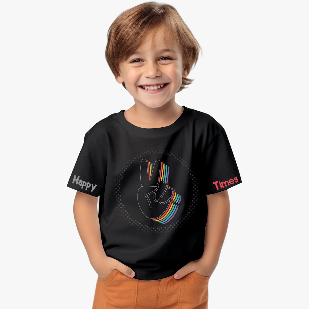 black cotton peace sign t shirt for boys with rainbow print with model