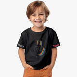 black cotton peace sign t shirt for boys with rainbow print with model