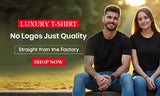 wearing black t-shirts with promotional text about luxury t-shirts and a call to action. banner image