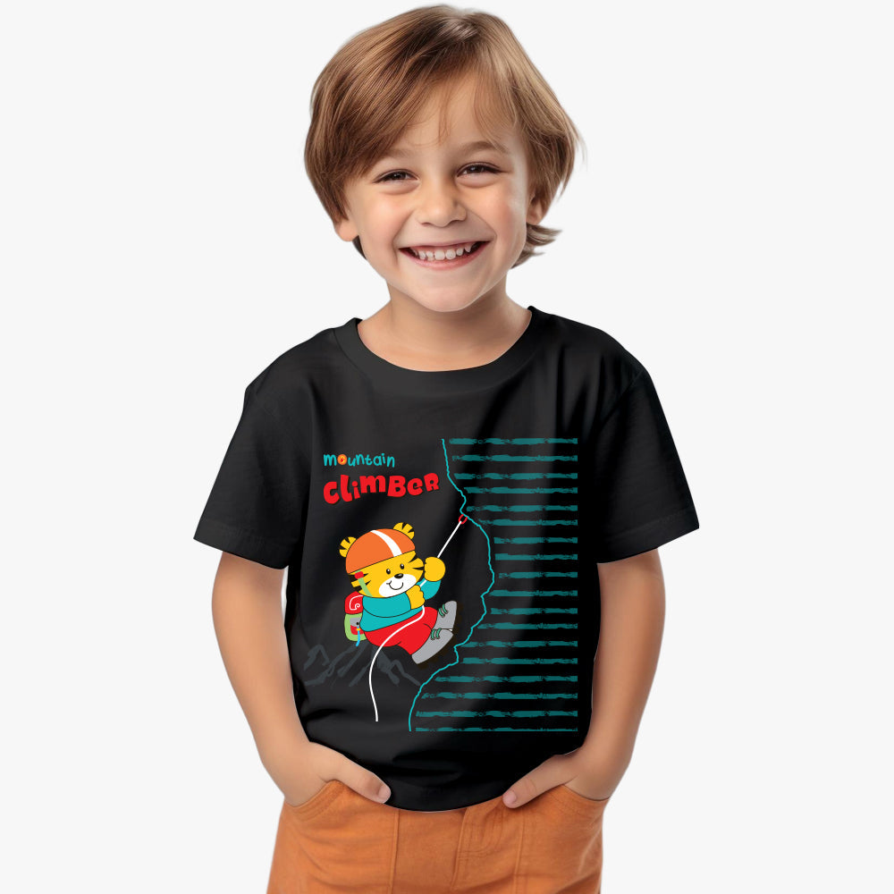 black kids cotton T-shirt with colorful mountain climber teddy graphic for boys
