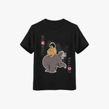 Black supima cotton t-shirt with a graphic of a child riding a bear and text on a white background