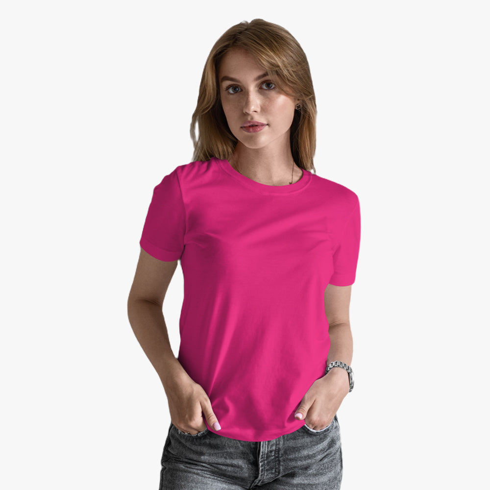 Organic Cotton Round Neck Plain T-Shirt - Fuchsia Purple - model
