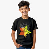 Child wearing a black Supima Cotton t-shirt with colorful text and design 