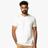 Man wearing a plain Pure white Suvin Gold Cotton  t-shirt 