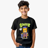 Child wearing a black supima cotton t-shirt with a cartoon tiger design and 'SKATE' 