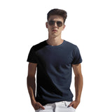 Model wearing a navy blue Supima cotton t-shirt, showcasing style, comfort, and everyday wearability.

