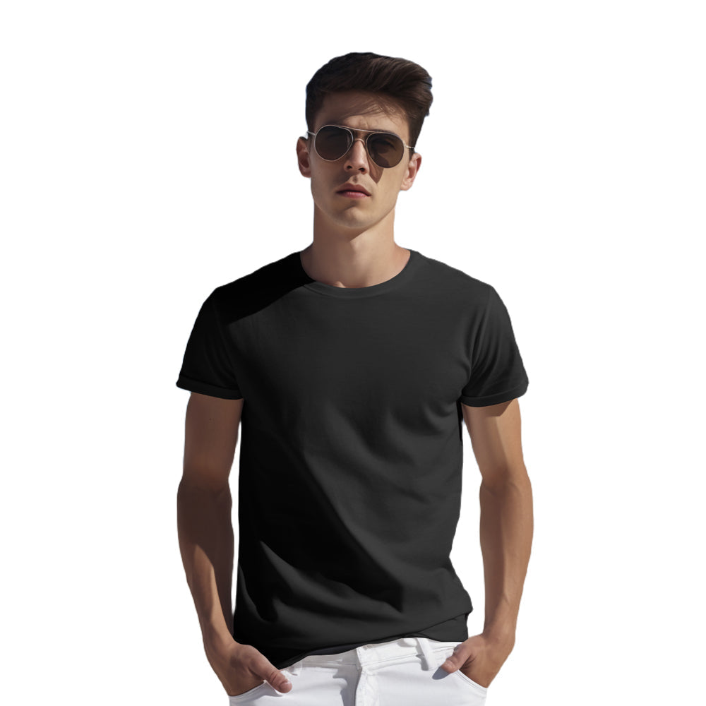 Model wearing a black Supima cotton t-shirt for men, showcasing style and comfort.

