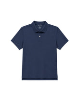 A Suvin gold Cotton  navy blue short-sleeve polo shirt with a classic collar and a two-button placket, displayed flat against a solid white background. 