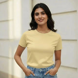 Woman wearing a 100% Supima Cotton Gold yellow Timeless luxury t-shirt by noobrand.in