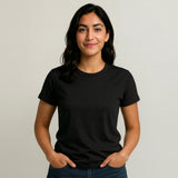 Woman wearing a black Suvin gold cotton Light weight t-shirt 160GSM