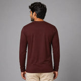 Man wearing burgundy full sleeve Suvin Gold cotton t-shirt back view showing sleeve length and clean back seam