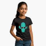 Young girl wearing a Supima cotton black t-shirt with a teal cactus design and sunglasses