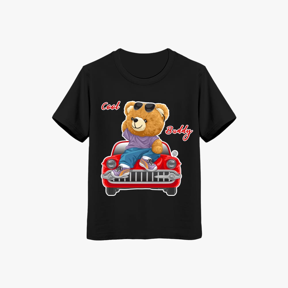 black kids cotton Graphic  T-shirt with cartoon teddy bear “Cool Buddy” 