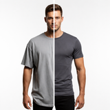 Man wearing a gray t-shirt on a white background