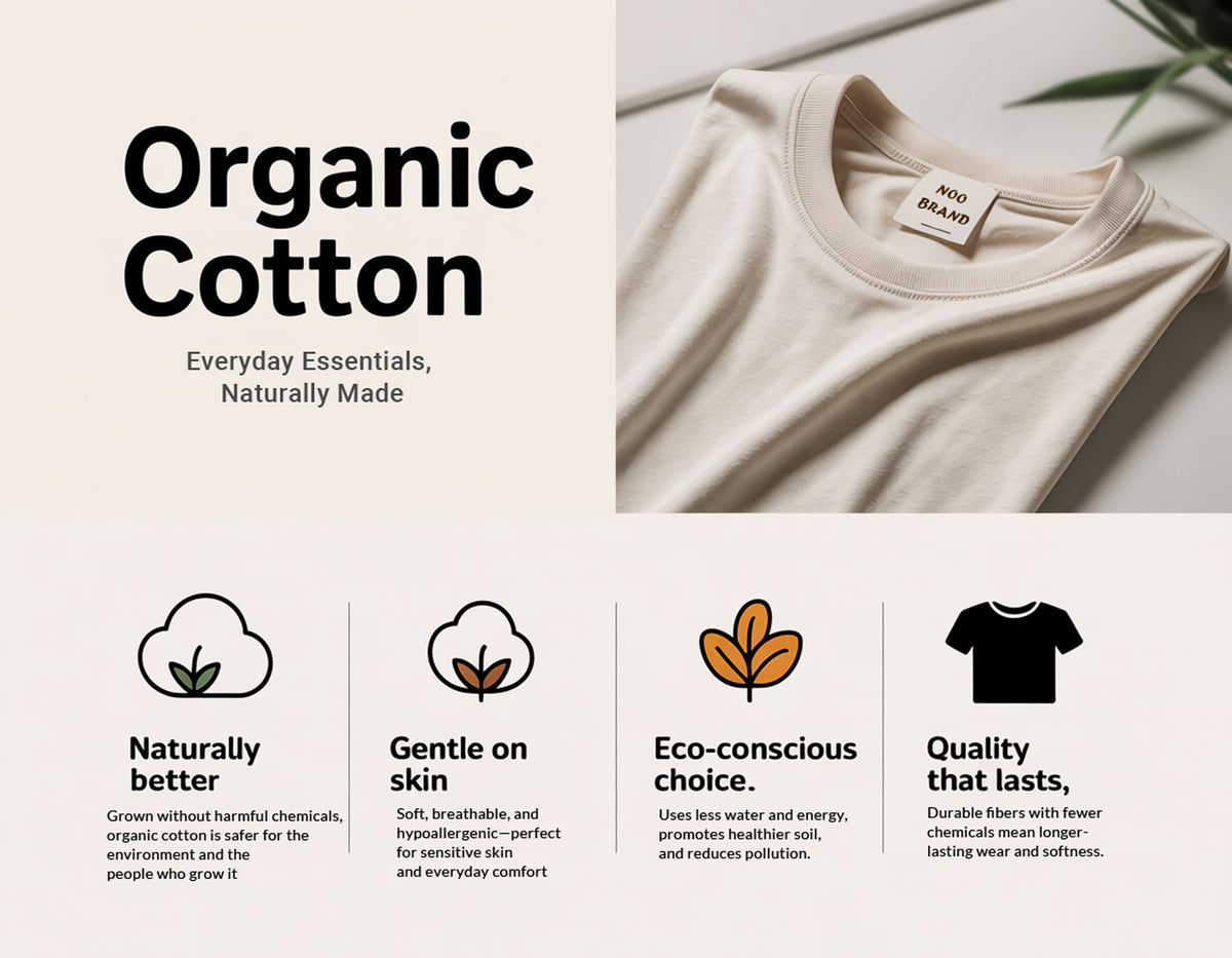 Organic cotton t-shirt with features listed on a white background