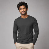 Man wearing grey full sleeve Suvin Gold cotton t-shirt front view showing fabric quality and modern fit