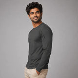 Man wearing grey full sleeve Suvin Gold cotton t-shirt side view showing slim profile and sleeve length