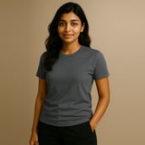 Woman wearing a Suvin Gold Cotton gray t-shirt 160 GSM