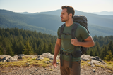 Man with a backpack standing on a mountain with a forest in the background