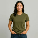 Woman wearing an olive green Suvin Gold Cotton  t-shirt 
