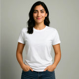 Women wearing a plain Suvin gold Cotton white t-shirt 160 GSM
