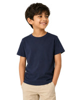 Boy model wearing a navy blue Suvin Gold cotton T-shirt