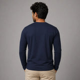 Man wearing navy blue full sleeve Suvin Gold cotton t-shirt back view showing full sleeve and shoulder coverage
