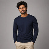 Man wearing navy blue full sleeve Suvin Gold cotton t-shirt front view showing deep colour and structured fit