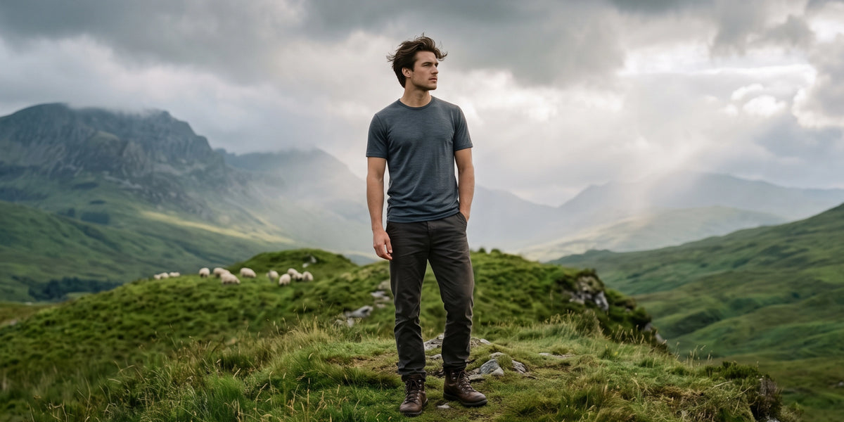 A man stands on a grassy mountain ridge wearing a dark gray crewneck t-shirt and dark gray hiking pants, with a dramatic cloudy sky and green hills in the background.