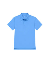 A light blue Organic Cotton short-sleeve polo shirt with a classic collar and a two-button placket, presented flat against a solid white background.