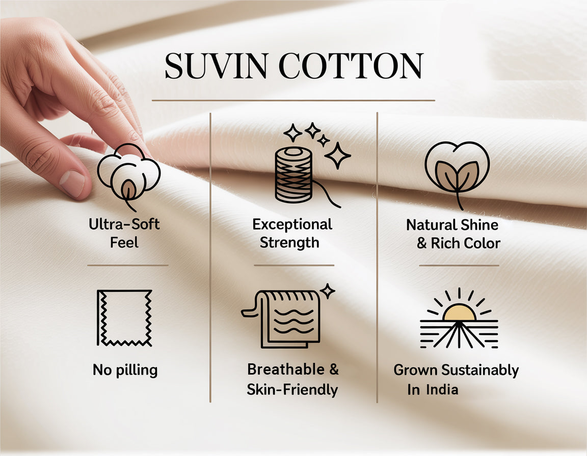 SUVIN COTTON product description with hand touching fabric and icons highlighting features.