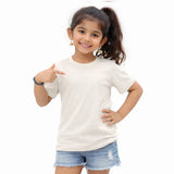 Young girl wearing a off white suvin gold cotton t-shirt , kids ultrasoft wear