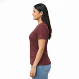 Woman wearing a maroon suvin gold cotton t-shirt and luxury wear womens tee