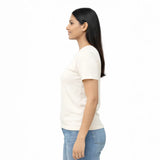 Woman wearing a off  white suvin gold cotton t-shirt for women, 