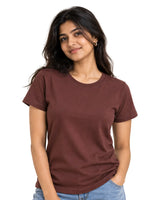 Woman wearing Brown Suvin Gold cotton T-shirt for comfortable everyday styling
