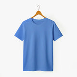 Blue supima cotton t-shirt for women in india on a wooden hanger against a white background